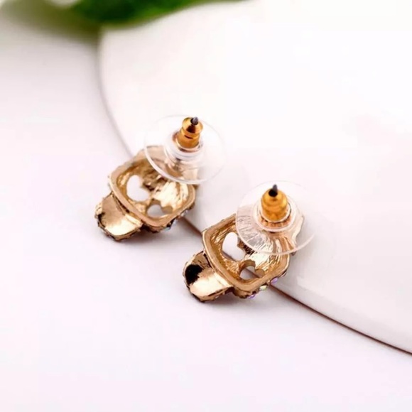 Rhinestone Skull & Rose earrings gold tone fashion jewelry NEW - Picture 4 of 4